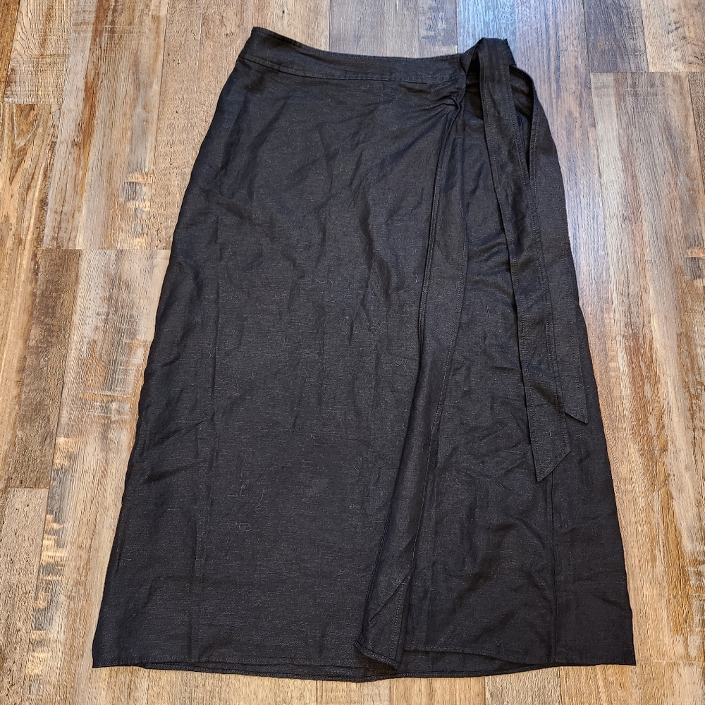 Black Wrap Midi Linen Skirt - Women's Classic Wrap Style